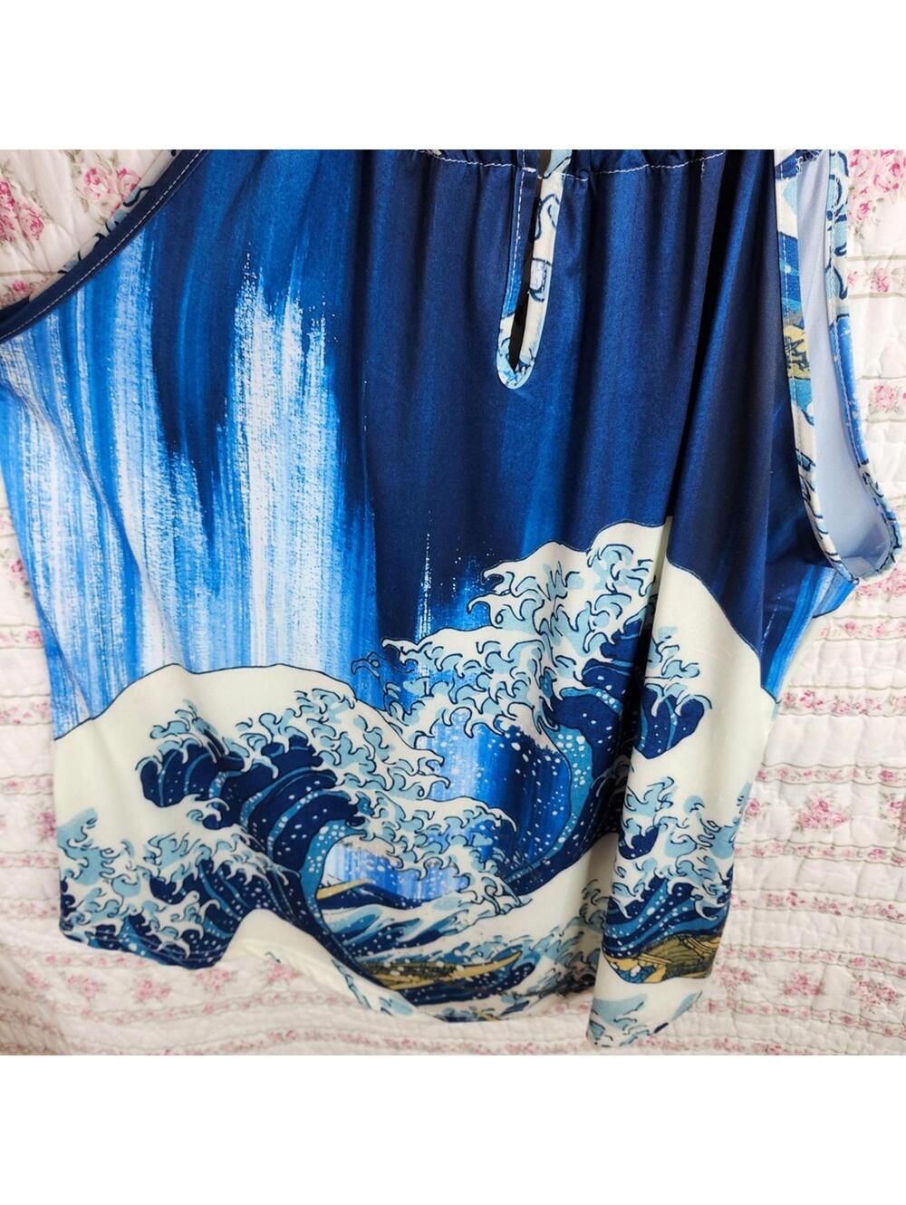 Wave Print Halter Top Sleeveless Drawstring 2XL